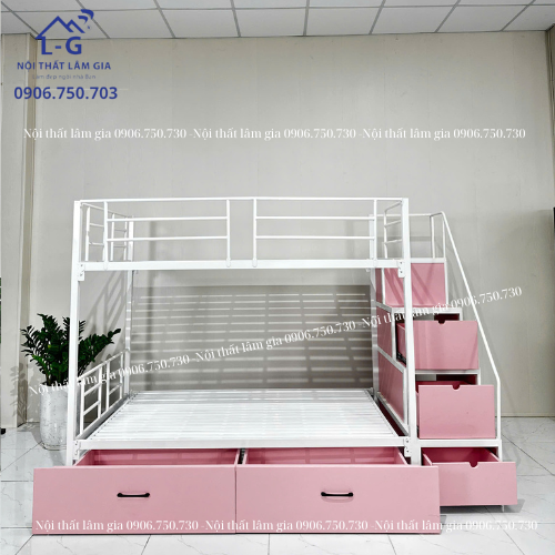 Giường tầng sắt TP hộp 4x4 cầu thang hộp hộc kéo bên hông